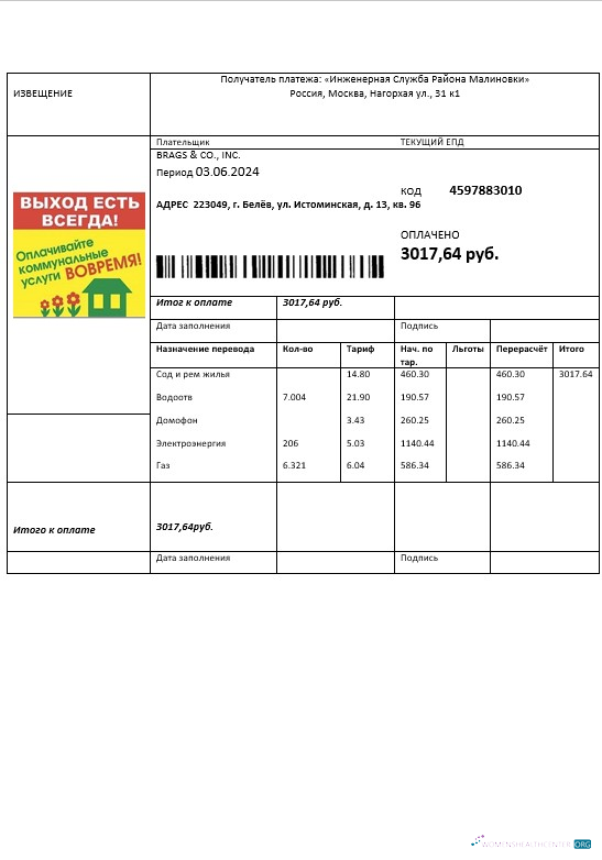 Download Russia Injenernaya Slujba business utility bill template in doc Photoshop template